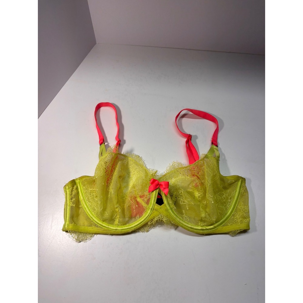 Victorias Secret Very Sexy Unlined Demi Bra Neon Yellow Pink Lace 32DD